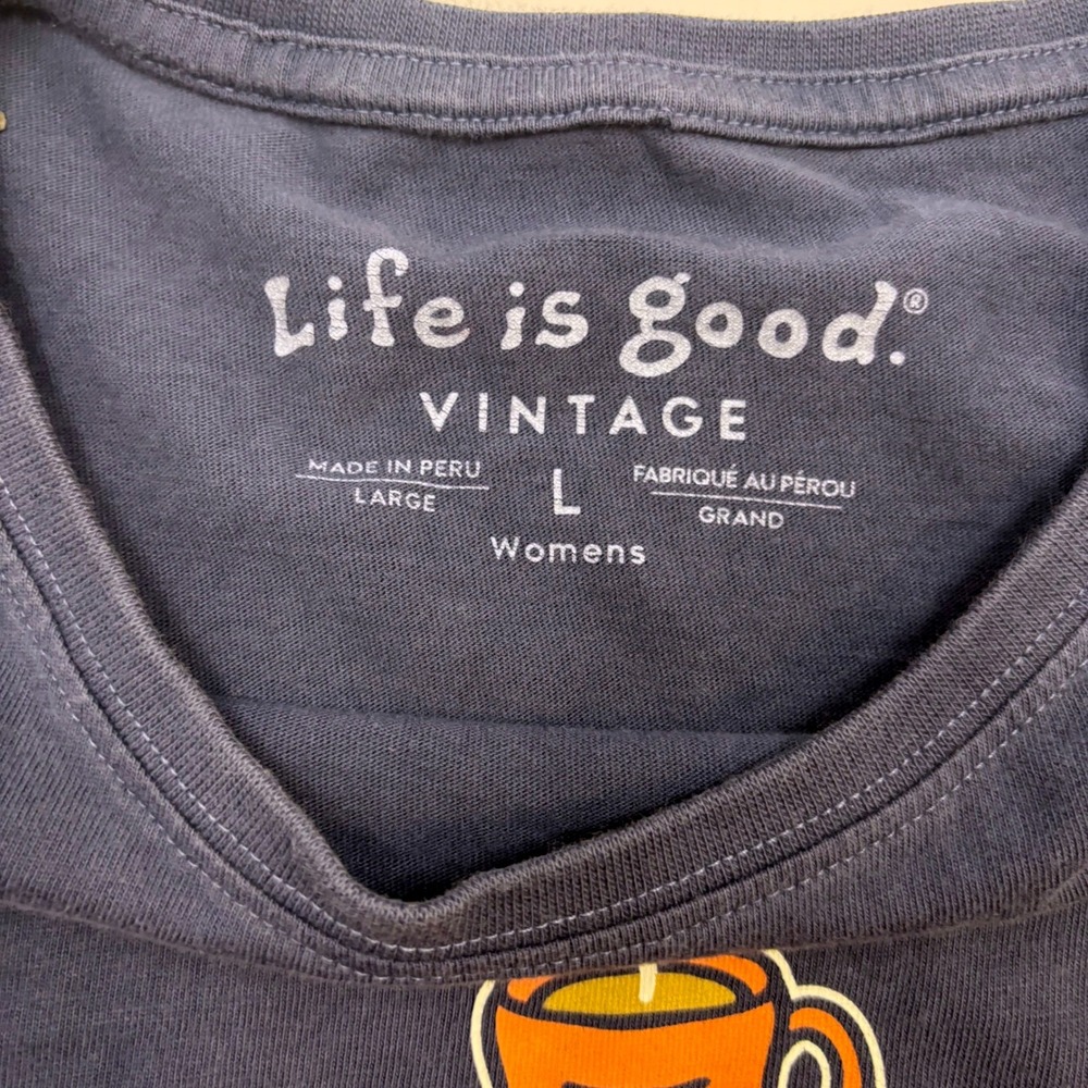 Life is Good Vintage Womens Large Blue Coffee Mug Graphic Long Sleeve T-Shirt - Picture 3 of 10